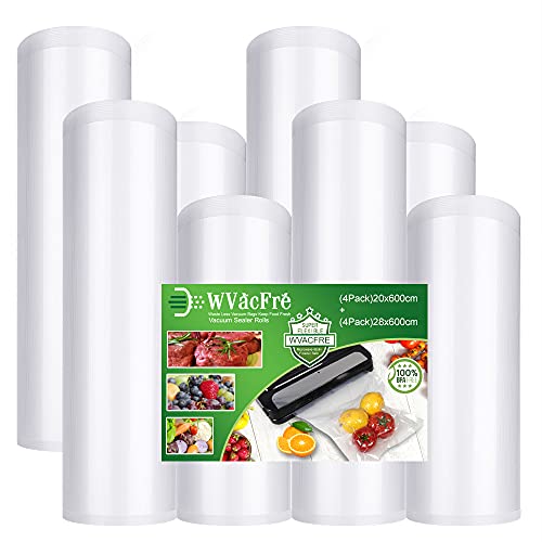 WVacFre 8 Rouleau (4)20x600cm et (4)28x600cm Rouleau Sacs Pour Machine Sous Vide Alimentaire,sans BPA et LFGB Sac de Congelation Sous Vide,Compatible Avec n'importe Quelle Scelleuse Sous Vide Cover