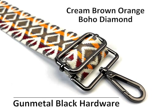 Image of Cream Brown Orange Boho Diamond Purse Strap with Gunmetal Black Hardware 2 Inch Wide Replacement Crossbody Guitar Style Shoulder Strap for Handbags Totes