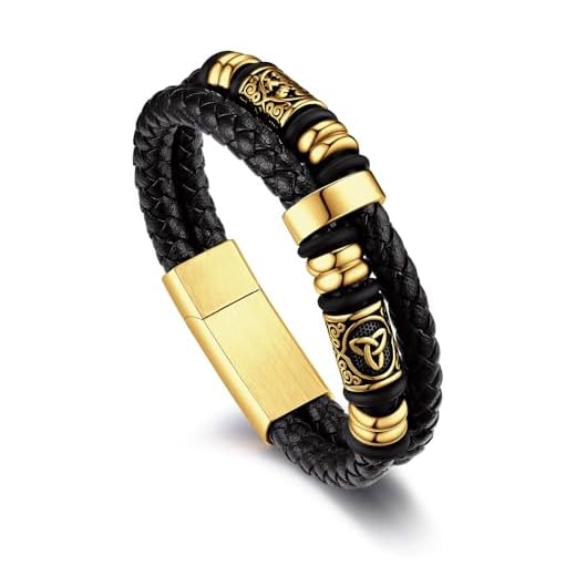 Bandmax Bracelet Homme Cuir Celtique 23cm, Bijoux Homme Bracelet Cuir Homme Or, Bracelet Amulette Viking pour Père, Mari, Frère