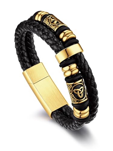 Bandmax Pulsera Cuero Oro Esclava de Iman con Dije Vegvisir Nudos Triqueta, Pulsera Cordones Hombre 19cm Doble Capas Cierre Magnetico