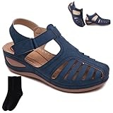 GAGFDA Zachte Pu Lederen Gesloten Teen Vintage Anti-Slip Sandalen, Boog Ondersteuning Sandalen Vrouwen Zomer Hollow Out Platform Wedge Sandalen, Blauw, 44 EU