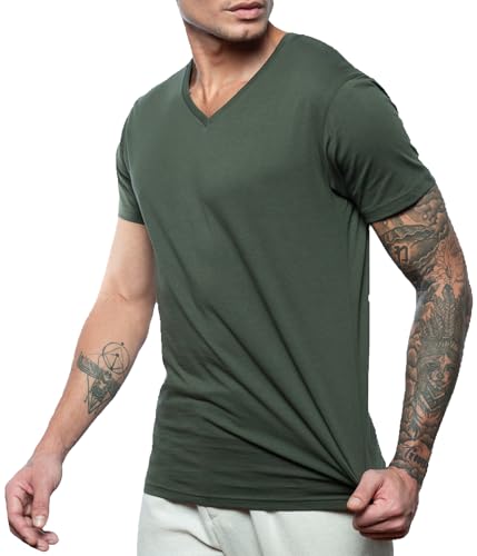 Leif Nelson Herren T-Shirt mit V-Ausschnitt, Slim Fit Basic Shirt aus Baumwolle, Kurzarm Männer Oberteil für Alltag & Freizeit, Khaki S