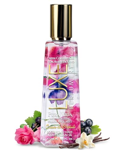 Luxe Perfumery Pura Vida Cassis & Orchid Moisturizing Fragrance Mist – Floral Fruity Body Spray with Cassis, Bulgarian Rose & Vanilla Orchid – Hydrating Skin Mist for Women, Made in USA, 8 Fl Oz