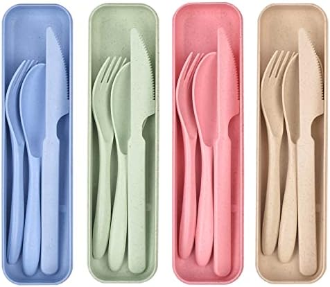 Camping Utensils Set with Case, 4 Pack Reusable Utensils Set, Plastic Spoon Knife Forks Portable Cutlery Set, Travel Utensil Set with Case for Kids Adult Picnic Camping or Birthday
