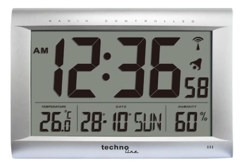 Technoline WS 8009 Funkwanduhr mit DCF-Funkempfang | XXL LCD-Display | Temperatur- und Luftfeuchtigkeitsanzeige | Kalender mit Wochentag | Wecker mit Snooze | Wand- und Tischuhr | weiß