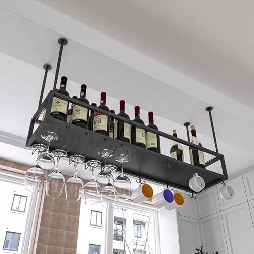 Stylish Metal Hanging Wine Bottle Rack for Home Bar - Ceiling Mounted Floating Shelf for Wine Glasses & Bottles - Modern Storage Solution for Cafe & Home Display