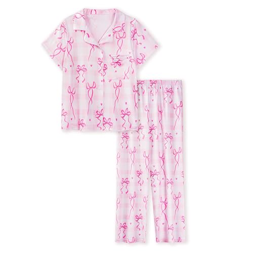 LQSZ Girls Pajamas Set Summer Girl Gifts Toddler PJs Short Sleeves Girls' Nightgowns & Sleep Shirts with Pocket 2-12 Years