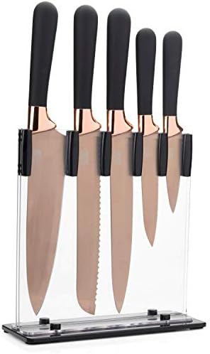 5pc Kitchen Knife Set & Block - Taylors Eye Witness. Rose Gold Coloured Bolsters, Finely Ground Razor Sharp Titanium Coated Matching Blades. Soft Grip Rounded Handles. Modern Upright Holder