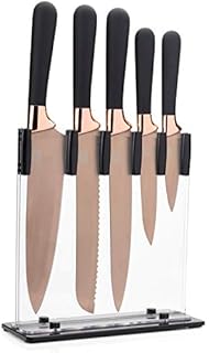 5pc Kitchen Knife Set & Block - Taylors Eye Witness. Rose Gold Coloured Bolsters, Finely Ground Razor Sharp Titanium Coated Matching Blades. Soft Grip Rounded Handles. Modern Upright Holder