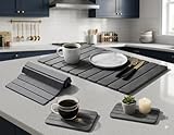 Large Stone Dish Drying Mat for Kitchen Counter, Foldable Quick Dry Stone Dish Mat, Diatomaceous Earth Water Absorbing Pad for Plate Utensils Rack Bottles, Any Countertop (Dark Gray 24"Γ16" & 2*8"x4")