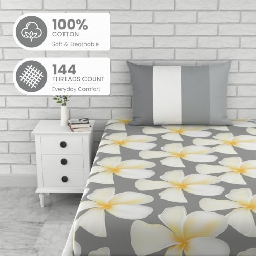 Image of LORETO - A QUALITY LINEN BRAND 144 TC 100% Pure Cotton Single Fitted Bedsheet with 1 Pillow Cover for 72 x 36 Inch Mattress, All-Around Elastic, 8 Inch Deep Pocket, Storm Grey & Celery White Flower