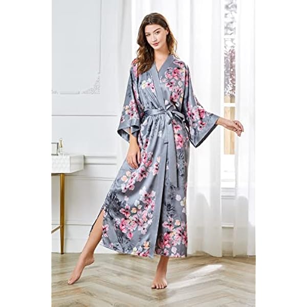 Coucoland Bata larga de satén para mujer, para verano, kimono, estampado de flores, albornoz, kimono, cárdigan de punto, para mujer, largo, con flores, para fiesta