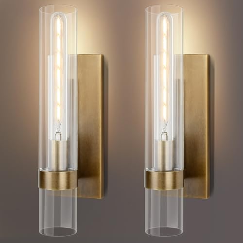 Image of 18 inch Wall Sconces Set of 2, Gold Bathroom Vanity Light Fixtures with Clear Glass Tube, Modern Brass Lamp Lighting for Mirror, Bedroom, Living Room, Hallway, Staircase