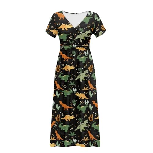 Image of Women's Fall Summer Short Sleeve Ankle Length V-Neck Party Dress with Pockets Size S-3XL