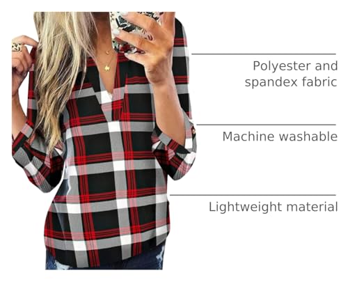 Image of Dokotoo Womens Tops Plaid Cotton Cuffed 3 /4 Sleeve Shirts Blouses