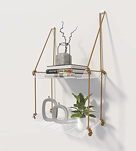 Image of Meshable Weebill 2-Tier Wall Hanging Metal Wall Shelf with Jute Rope, Home Decor Wall Shelves and Storage Racks with Elegant Design Ideal for for Balcony and Terrace, Standard Size - White