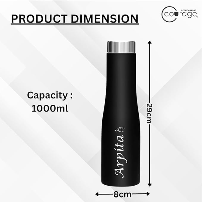 Image of COURAGE Stainless Steel Customize Water Bottle 1Liter Leak Proof for Fridge Home Office Travel School Kids Boys Girls Adults Sports Gym Yoga - Black