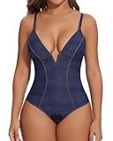 SHAPERIN Women's Deep V Neck Cami Bodysuit Plunge Double Layer Tummy Control Shapewear Thong Body Suits (Small,Faux denim-blue)