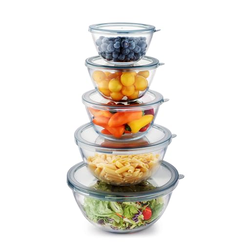 Cuiselect 5pc Glass Mixing Bowls with Lids Set (4.65QT, 2.80QT,