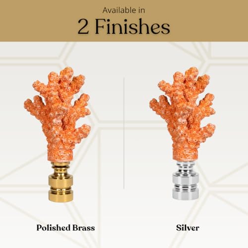 Image of Royal Designs, Inc. Sea Life Lamp Finial, Medium Coral, Orange, Polished Brass Base, Replacement Finial for Table or Floor Lamps