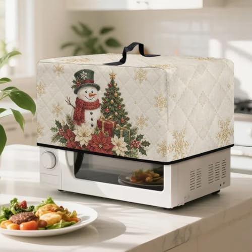 Image of Christmas Microwave Oven Cover Dust-Proof Small Kitchen Appliance Protector Air Fryer Toaster Oven Cover, L, 20.9 x 15.7 x 12.4 Inches, Snowman Poinsettia Flower Beige