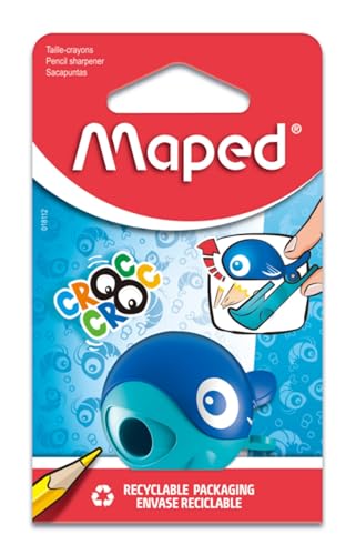 Maped - Material Escolar - Sacapuntas Croc Croc - Sacapuntas con Depósito - 1 Orificio para Afilar - Fácil Apertura de Depósito - Diseño Lúdico - 2 Colores Diferentes