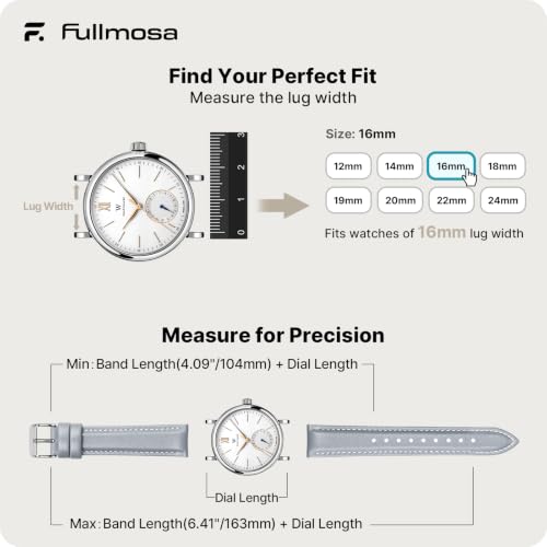 Image of Fullmosa 16mm Quick Release Leather Watch Band | Traditional Smartwatch Replacement Strap for Women Formal Daily Commute, Light Gray&Silver Buckle