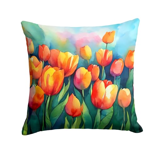 Caroline's Treasures Tulips in Watercolor Throw Pillow Machine Washable, Indoor Outdoor Decorative Pillow for Couch, Bed or Patio, 14Hx14W