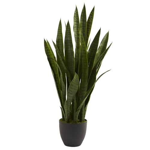 Nearly Natural 35in Artificial Snake Plant, Sansevieria Faux Greenery with Black Planter for Indoor...