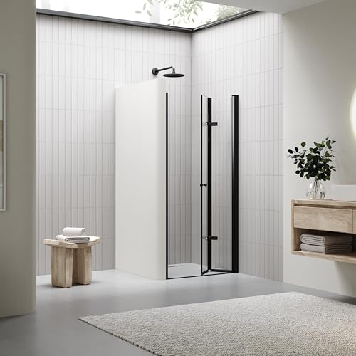 i-flair Duschtür Einzelfalttür MILA 84-87,5cm Höhe 195cm Nischentür in Klarglas mit NANO und schwarze Aluminiumprofile - DK822