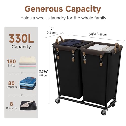 Image of StorageWorks 2 Section Laundry Hamper, 330L Extra Large Black Rolling Cart | 2 Section Laundry Hamper with Wheels, Black Rolling Sorter Cart for Bathroom, Hotel