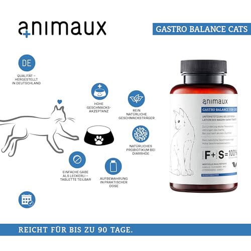 animaux Gastro Balance for Cats – 90 Kautabletten – Diät-Ergänzungsfuttermittel für Katzen, für Magen-Darm-Trakt, Verdauung, bei Durchfall, Verstopfung & Blähungen, mit Probiotika