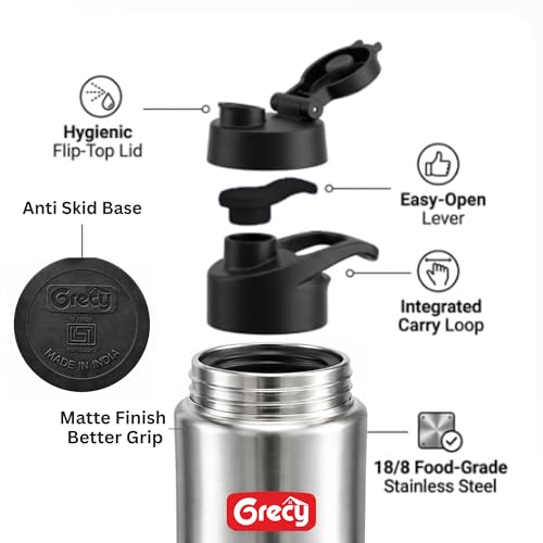 Image of GRECY Tic Toc 800ml Stainless Steel Water Bottle Lavender Purple | Single Wall Fridge Bottle | Flip Cap Leak Resistant | BPA Free Food Grade Steel Lightweight | Office,School,Gym,Travel Made in India