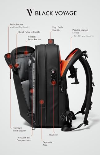 Image of BlackVoyage Vortex Vacuum Seal Travel Backpack 60L Expandable Air Compression System Water Resistant TSA Lock, Aero (Black), 60L (Air Pump Included), Aero