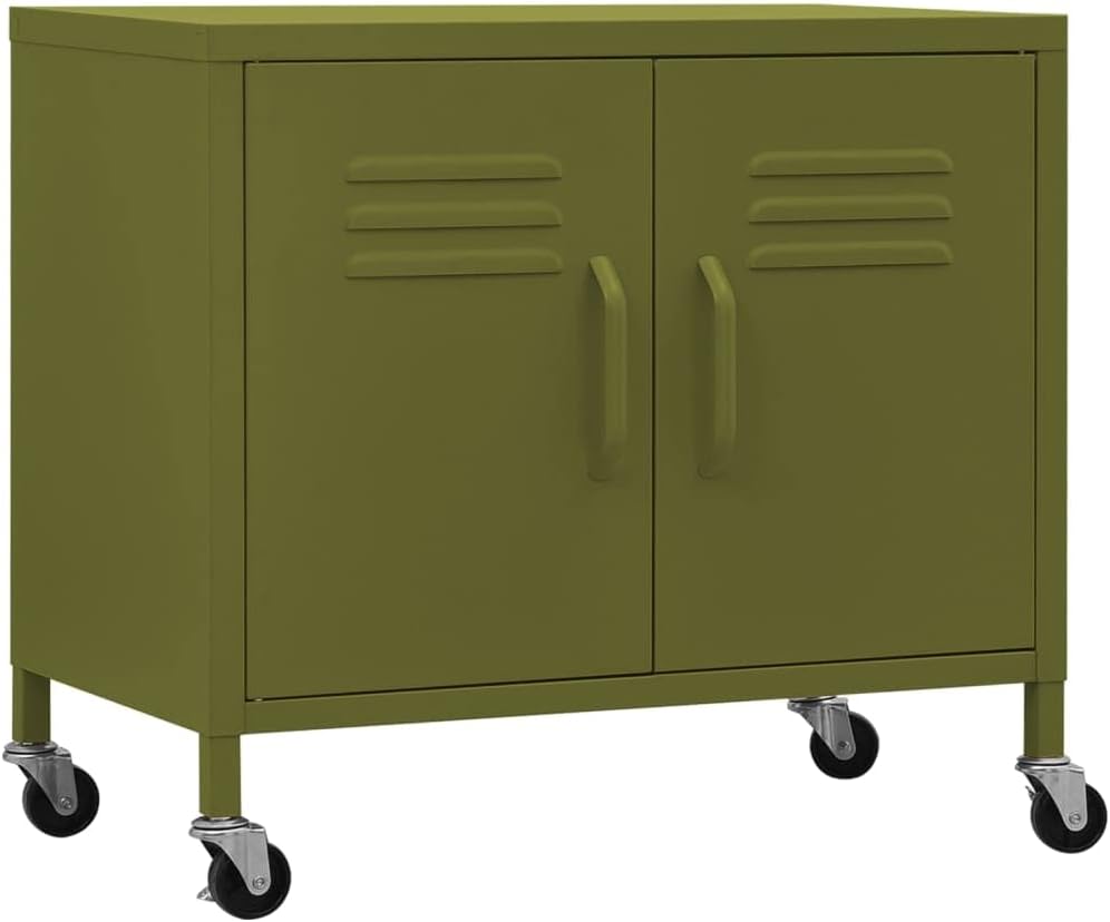 4-Piece Olive Green Steel Storage Cabinet with Adjustable Shelves and Lockable Wheels for Home Organization and Industrial Style Decor