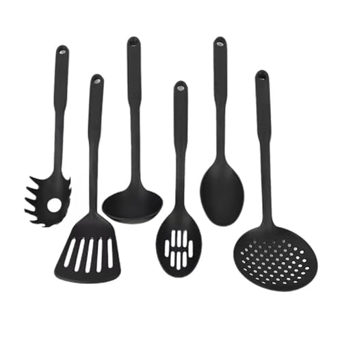 Plastic Non Stick, Heat-Resistant Soup Spoon Set, Nylon kitchenware six Piece Set, Kitchen Cooking Integrated Shovel Tool (Black, One Size)