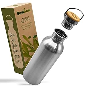 Bambaw 32 oz Water Bottle | Metal Water Bottle | Non-insulated Single Wall Stainless Water Bottle | Steel Water Bottle | Stainless Steel Water Bottles | Travel Water Bottle | 1 Liter Water Bottles