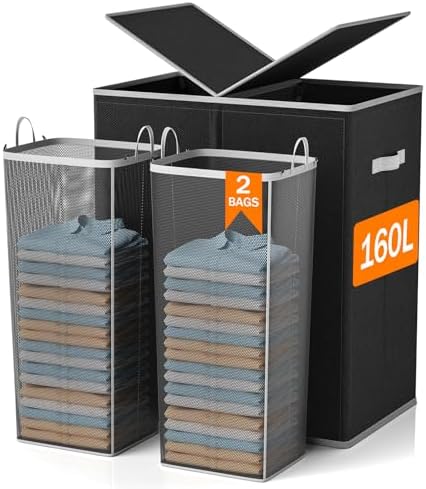 Laundry Hamper with Lid 160L Laundry Basket - Double Clothes Hamper with 2 Removable Bags, 2 Section Large Laundry Basket Organizer for Laundry Room, Bedroom, Hampers for Laundry