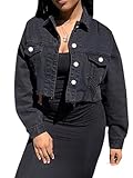 SANSIWU Women's Cropped Denim Jackets Long Sleeve Lapel Denim Short Coat Button Down Distressed Hem Crop Jeans Coat (A-Black, XL)