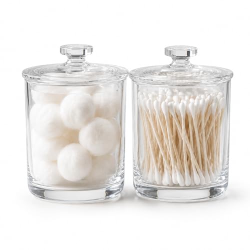 ForPro Clear Acrylic Apothecary Jars with Lids, Set of 2 Shatterproof Qtip Holder & Cotton Ball Container, 15 Oz Bathroom Vanity Organizer Canister for Kitchen & Office Decor, 4.5" x 3.5"