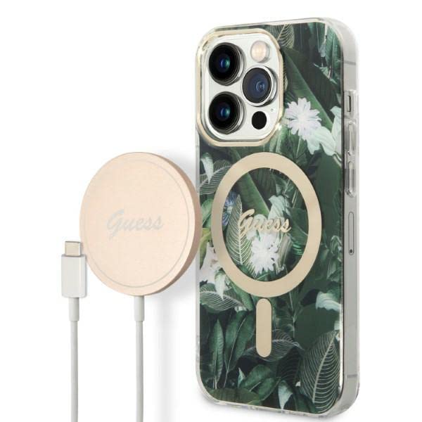 GUESS Bunddeln GUBPP14LHJEACSA Coque et Chargeur iPhone 14 Pro 6,1" Vert Coque Rigide Jungle