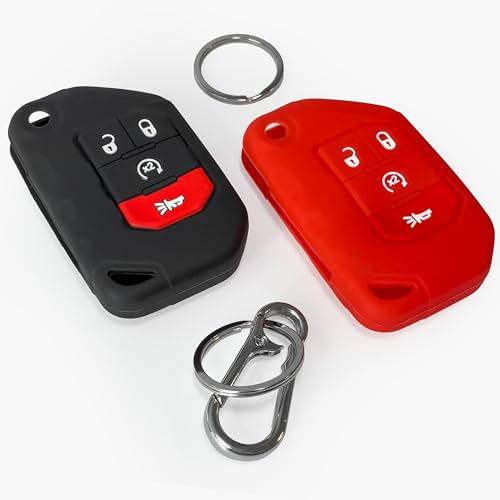 2-Pack Click&Fit Silicone Key Fob Covers Compatible with Jeep Wrangler Rubicon 2018-2024, Gladiator Sahara 2020-24 – Car Remote Key Shell Rubber Case Protectors, 4-Button, 68292944AA, Black&Red by Click&Fit - Used condition - Image 3