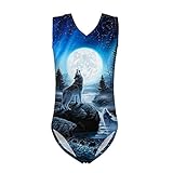 PZZ BEACH Moon Night Wolf Animal Print Swimwear, One Piece Activewear Gymnastics Leotards for Girls