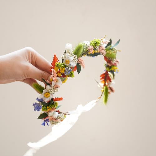 Corona boho para niña con flores secas verdes miniatura 6