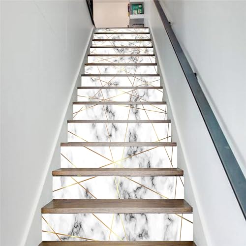 Stair Stickers self-Adhesive 13 Piece, self Adhesive Stair Decals for Wooden Steps, Indoor Waterproof Art Decal DIY Professional Vinyl Upgrade, Gray Marble with Gold Lines