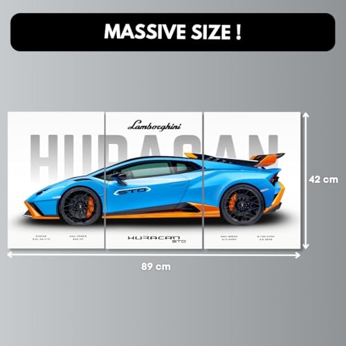 Image of Lamborghini Huracan Poster Split Design Car Posters | 3 A3 Sized Lambo Cars Poster for Wall | Large Size (89 x 42 cm) Lamborghini Wall Decor | Car Posters for Room | Huracan STO Supercar (B 035)