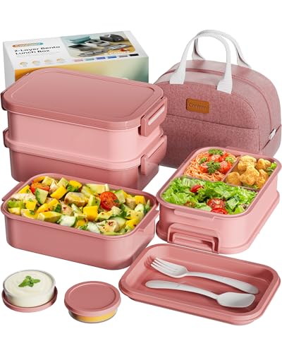 Adults Bento Box with Insulated Lunch Bag, 74oz Capacity 3 Stackable Leak-Proof Bento Box Built-In Utensil and Sauce, PFAS & BPA-Free, Microwave & Dishwasher Safe (Rose Pink)