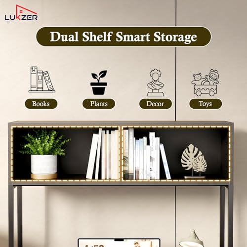 Image of Lukzer Study Table with Open Bookshelf | Engineered Wood with Metal Frame Desk | Modern & Space Saving Computer Workstation with Hutch for Home & Office (MST-010 /Black & Black /143x83x50 cm)