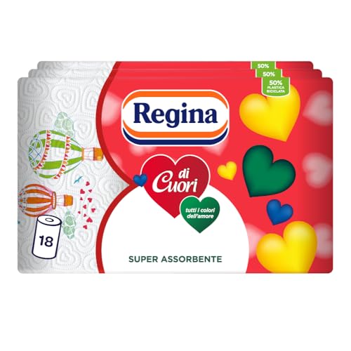Regina Di Cuori Carta Cucina, 18 Rotoli a 2 Veli, 50 Fogli Per Rotolo, Grande Assorbenza, Spessa e Resistente, Carta 100% Certificata FSC