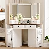 GRUTEUNIT Corner Vanity Desk with Mirror and Lights,Makeup Vanities with Power Outlet and 6 Drawers, 3 Light Settings,...